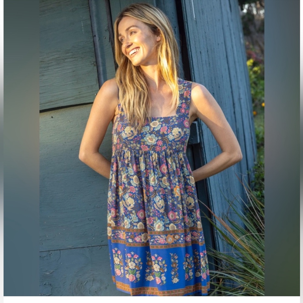 NWOT Natural Life Tricia Mini dress Yellow Blue Roses print - size small